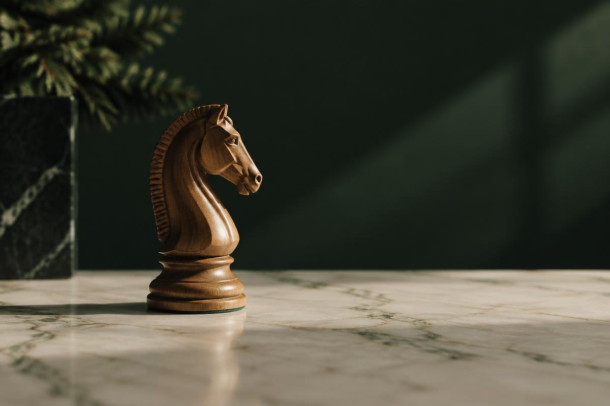 A carved wooden knight standing on a pale marble surface against a deep green backdrop